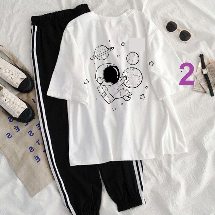 3 Sét Bộ Đồ Nữ Mặc Đi Chơi Mùa Hè, Áo Phông Nữ Cotton In Phi Hành Gia Mix Quần Thun Bo Gấu Phong Cách Teen Hàn Quốc