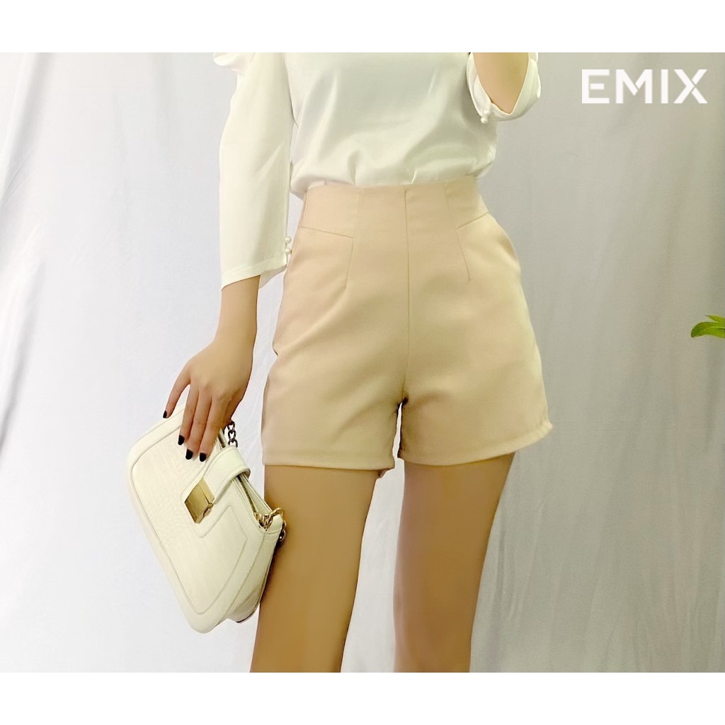 Quần short nữ cạp cao 04 EMIX (3 màu), cạp cao, bo eo, dáng ngắn 35cm, ống hơi rộng, có túi chéo, chất tuyết mưa mềm mịn