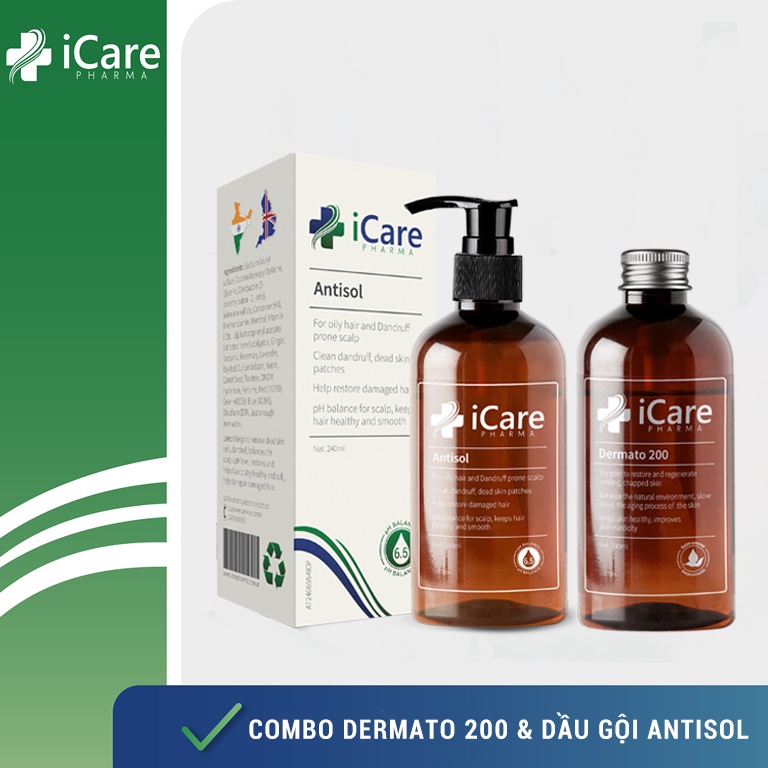 [iCare Pharma] Combo Chống Rụng Tóc, Gàu, Nấm Da Đầu, Tóc Hư Tổn - Dermato 200 & Antisol