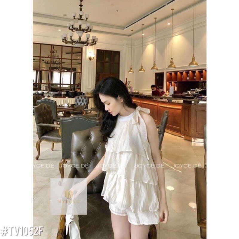 Set Áo 3 Tầng Cổ Yếm Điệu Đà Thắt Nơ Xinh, Set Áo Cổ Yếm Điệu Đà thắt nơ kèm quần short cùng tone