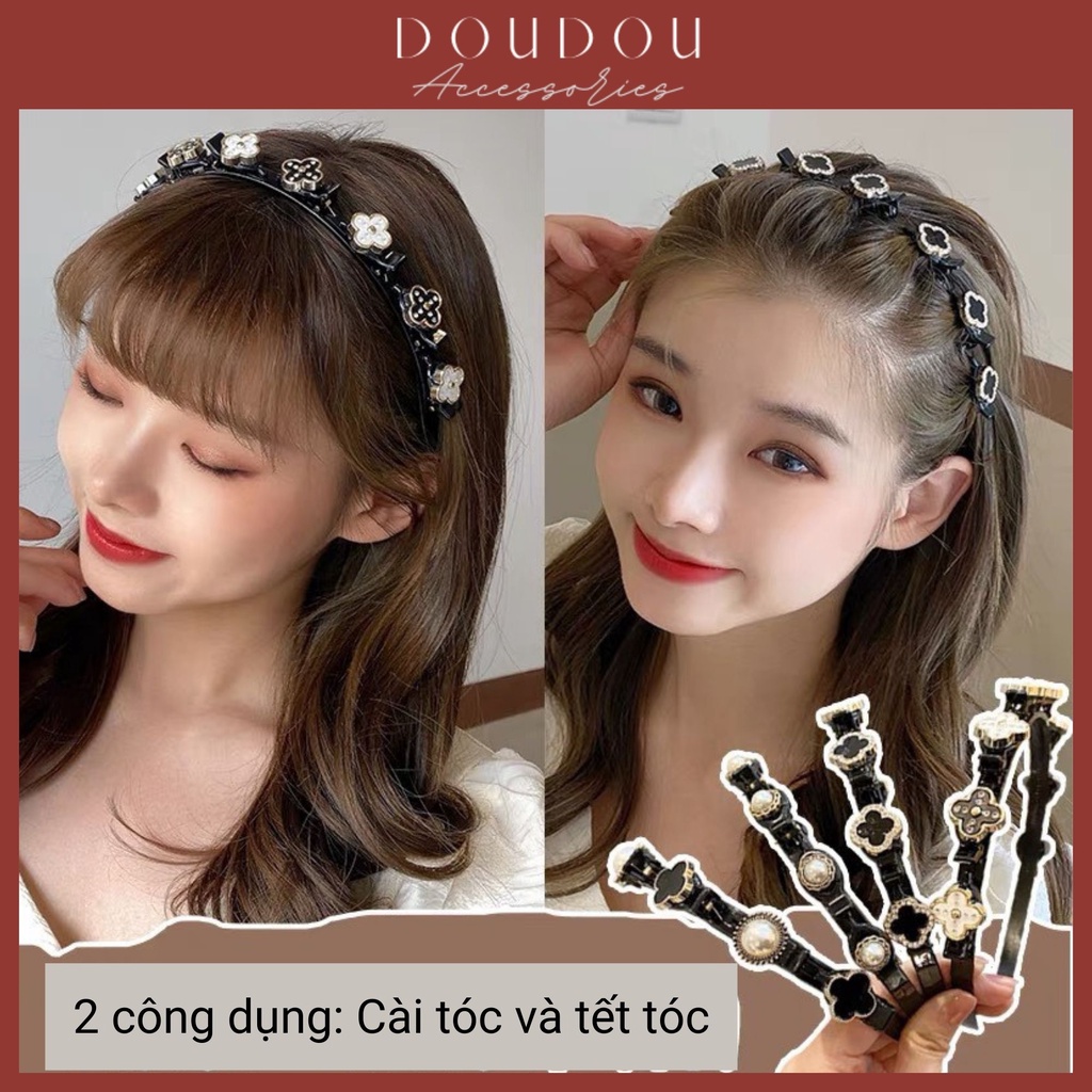 Băng đô cài tóc DOUDOU Bờm tóc tết họa tiết cỏ bốn lá đính ngọc trai nhân tạo thời trang 2in1 FG009