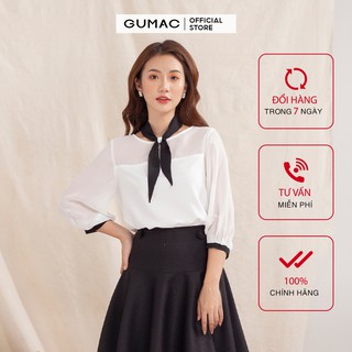Áo sơ mi nữ phối dây nơ đen GUMAC màu trắng, trẻ trung thanh lịch AA1032