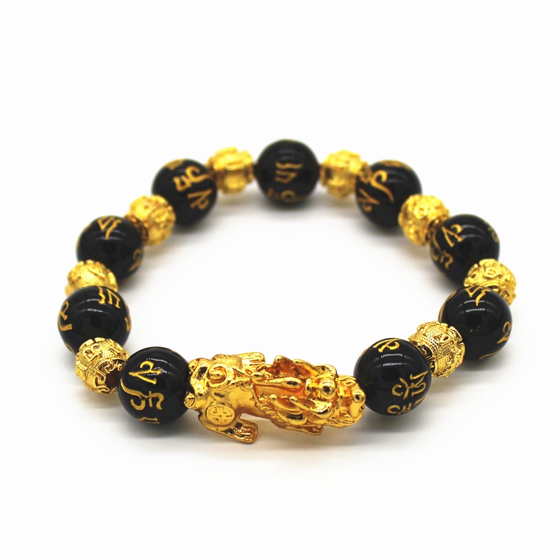 Vòng Tay Chuỗi Hạt Đá Obsidian Màu Vàng Đen Pixiu May Mắn Cho Nam Và Nữ