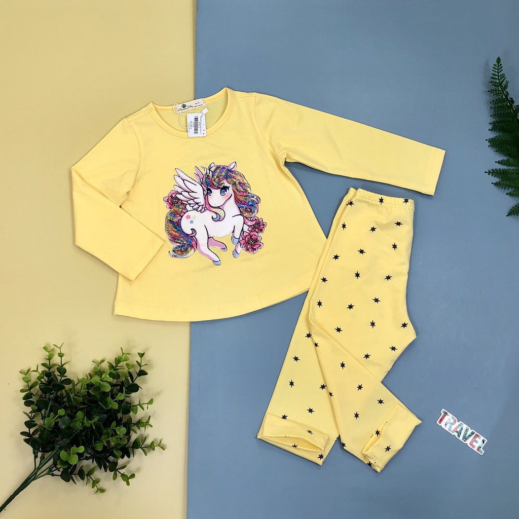 Bộ cotton thu đông đính hình Pony bông hoa viền kim sa dài tay bé gái size 2-8T, cho bạn từ 11-25kg. Chất cotton dày dặn