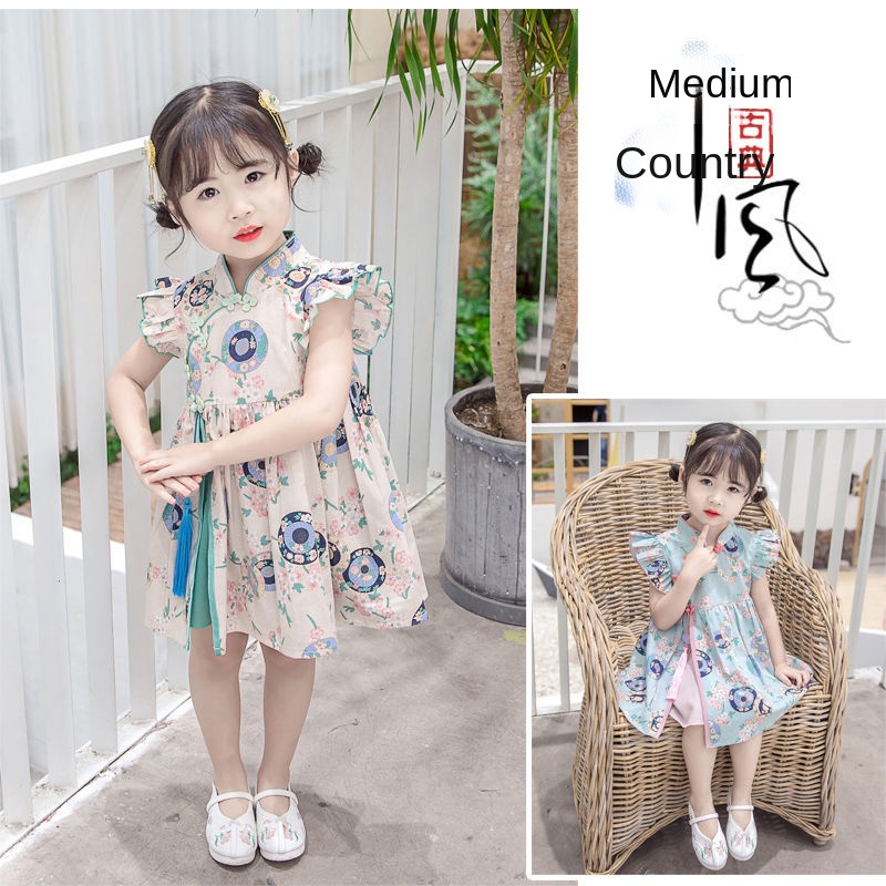 Đầm Hán Phục Tay Ngắn Viền Bèo Phong Cách Trung Hoa Thời Trang Cho Bé Gái 2022 yards 80-130 Yard