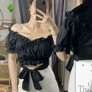 Áo nhúng bèo trễ vai phối dây cột eo kiểu