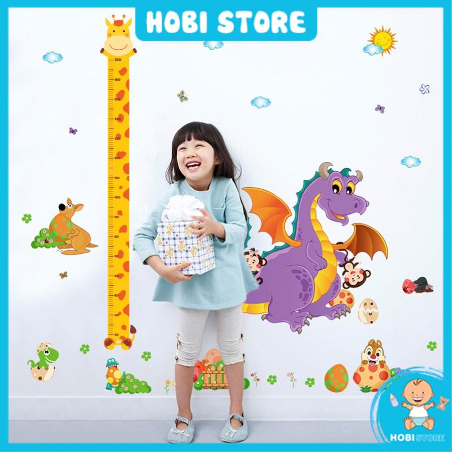 Thước đo chiều cao decal dán tường cho bé hình các con vật, đồ chơi chuông bấm máy chạm nhảy thử thách tăng chiều cao