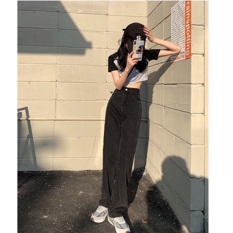 Quần jean bò ống rộng suông nữ jeans cạp cao phong cách Hàn Quốc 3 size S M L hót 2021