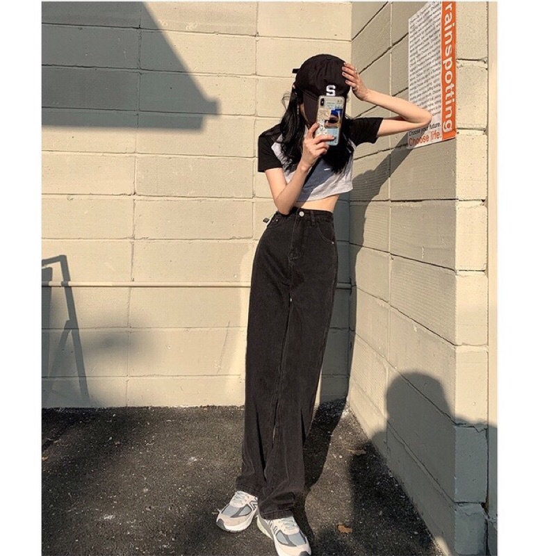 Quần jean bò kaki ống rộng suông nữ jeans cạp cao phong cách Hàn Quốc 3 size S M L