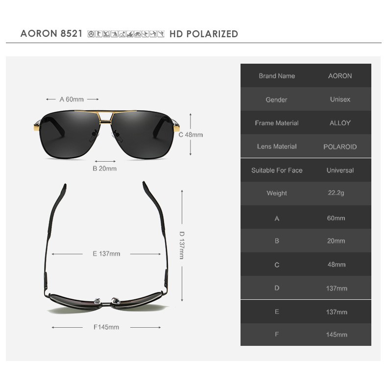 [CHÍNH HÃNG] Kính Mát Nam Cao Cấp Chính Hãng Aviator Aoron 8521 tròng polaroid phân cực chống UV chống choi chói lóa