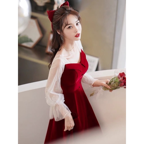 ⚡️ĐẦM NHUNG⚡️Đầm nhung đỏ phối tay voan