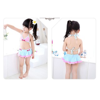 Đồ bơi bikini cho bé nơ xanh hồng kèm mũ