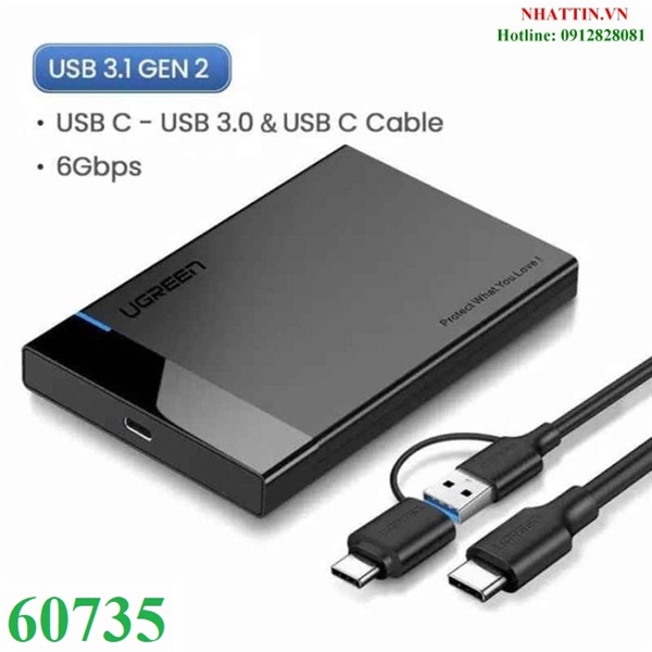 Hộp box đựng ổ cứng 2,5 inch USB-C Sata 5Gbps Ugreen 60735 cao cấp (hỗ trợ 6TB)