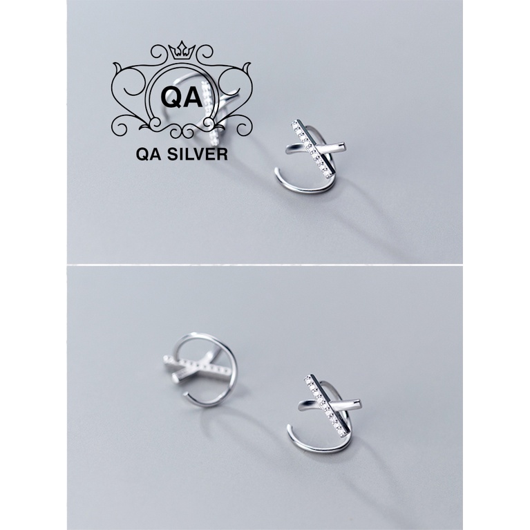 Khuyên tai bạc cuộn chữ X đính đá bông tai xoắn kẹp vành chéo S925 HELIX Silver Earrings QA SILVER EA200608