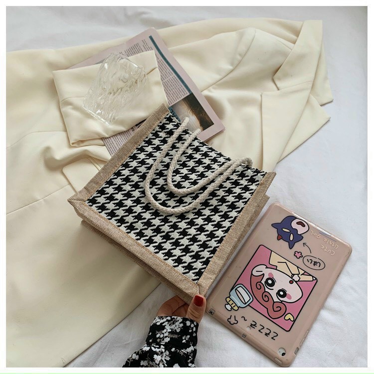 Túi Cói Vintage Đi Biển Phong Cách Hàn Quốc Hoạ Tiết caro size 21 | BigBuy360 - bigbuy360.vn