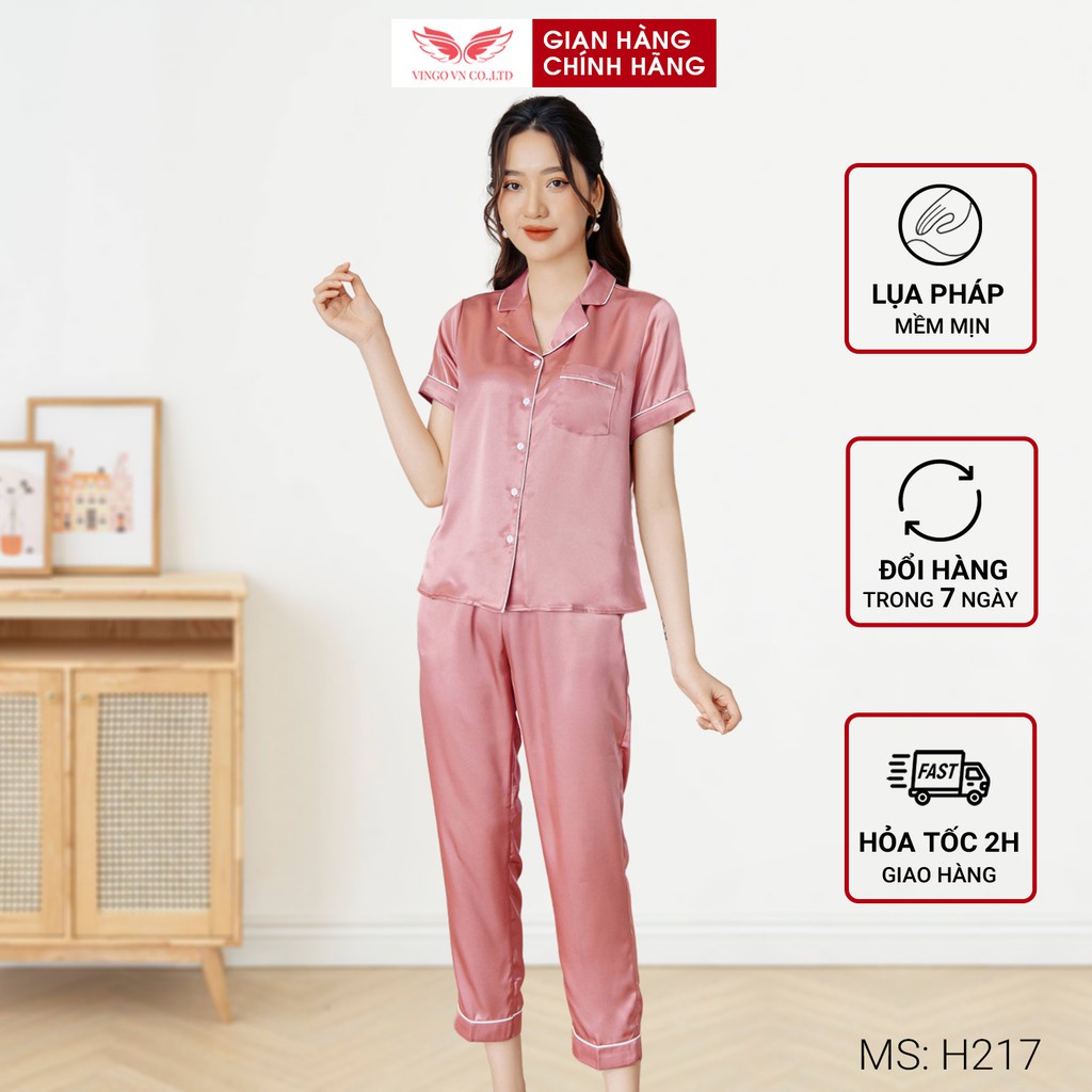 Bộ Đồ Ngủ Mặc Nhà Vingo Pyjama Nữ Tay Cộc Quần Dài Lụa Trơn Cao Cấp Phối Viền Thanh Lịch H217 VNGO | WebRaoVat - webraovat.net.vn