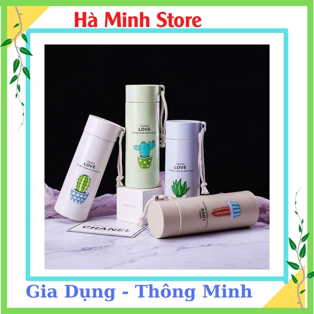 Bình Giữ Nhiệt Lúa Mạch 450ml Họa Tiết Xương Rồng, Lõi Thủy Tinh Bọc Nhữa, Giữ Nhiệt Lên Đến 5 Giờ - Gia Dụng Hà Minh