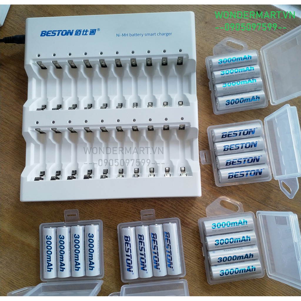Bộ sạc pin AA/AAA Beston 20 cổng kèm 20 pin 3000mAh tự ngắt chuyên Karaoke
