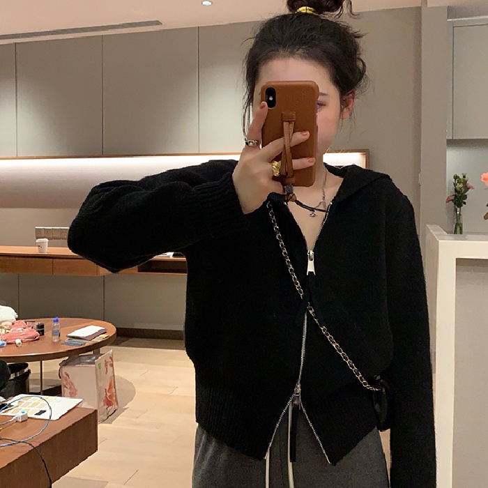 ZHELIHANGFEI Áo Khoác Cardigan Dệt Kim Phối Khoá Kéo Thời Trang