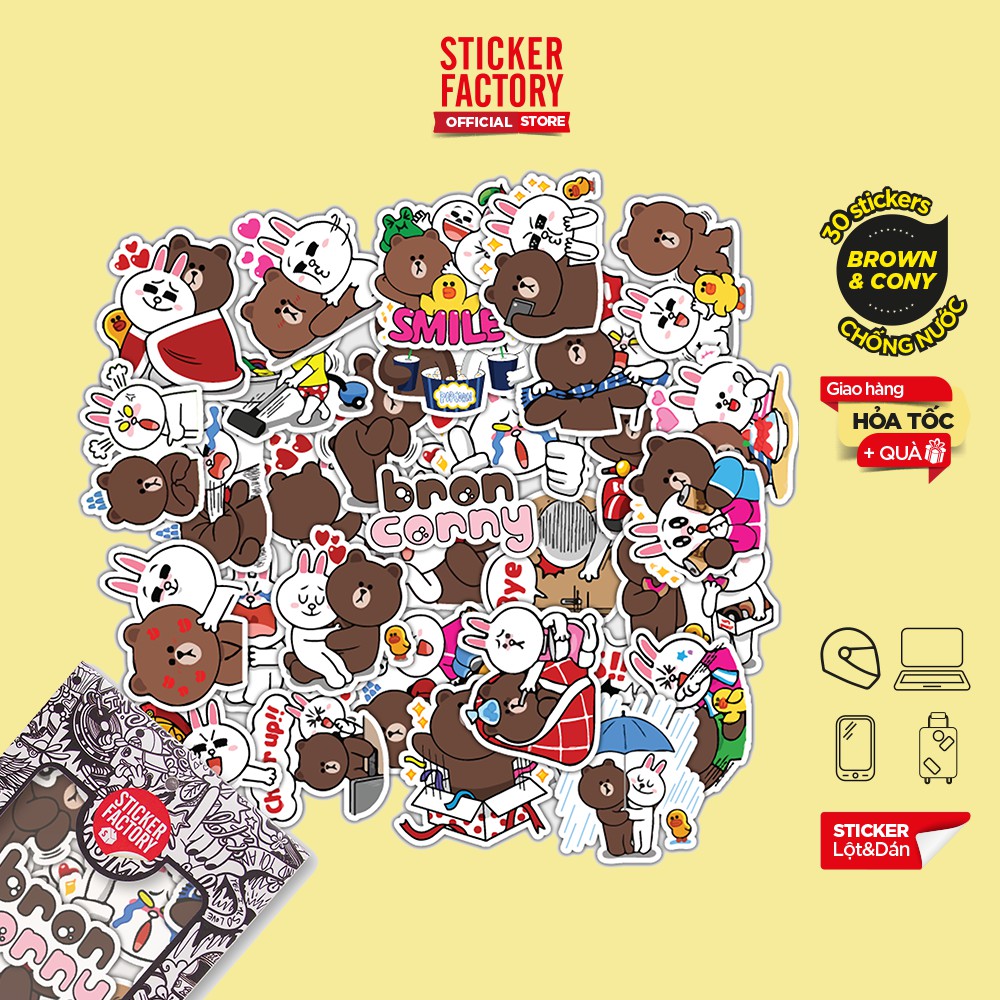 Hộp set 30 sticker decal hình dán nón bảo hiểm , laptop, xe máy, ô tô STICKER FACTORY - Brown and Cony