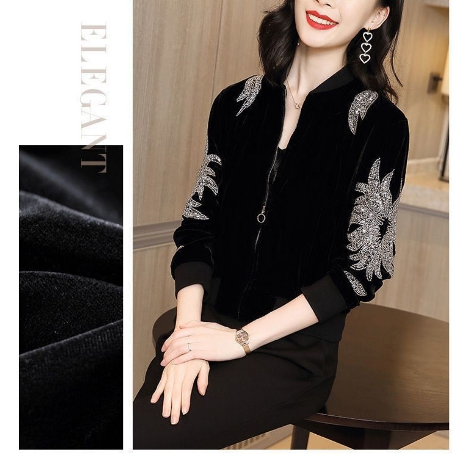 Gold velvet jacket women's 2022 Spring and Autumn new sequins black cardigan baseball shirt women's trend