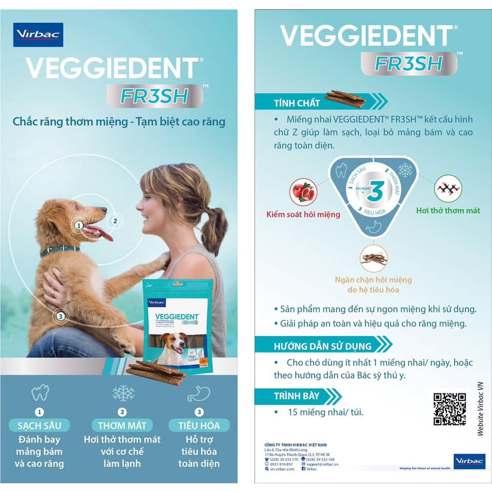 Xương gặm cho Chó Virbac Veggieden FR3SH Gói 240g Giúp sạch răng, Chắc răng, Thơm miệng, Loại bỏ cao răng