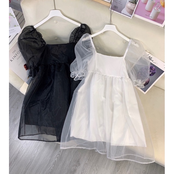 Váy babydoll voan tay phồng mẫu váy mới style tiểu thư công chúa. Vải voan tơ đẹp,may 2 lớp tay phồng to như ảnh