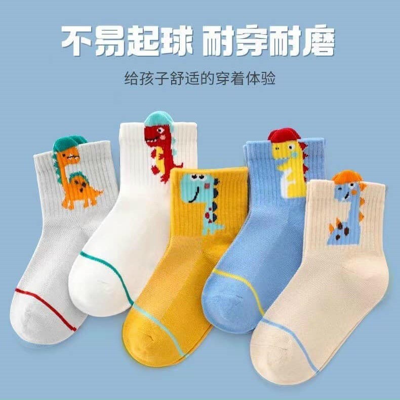 Combo 10 đôi tất cổ cao cho bé hình khủng long màu sắc nhã nhặn đẹp