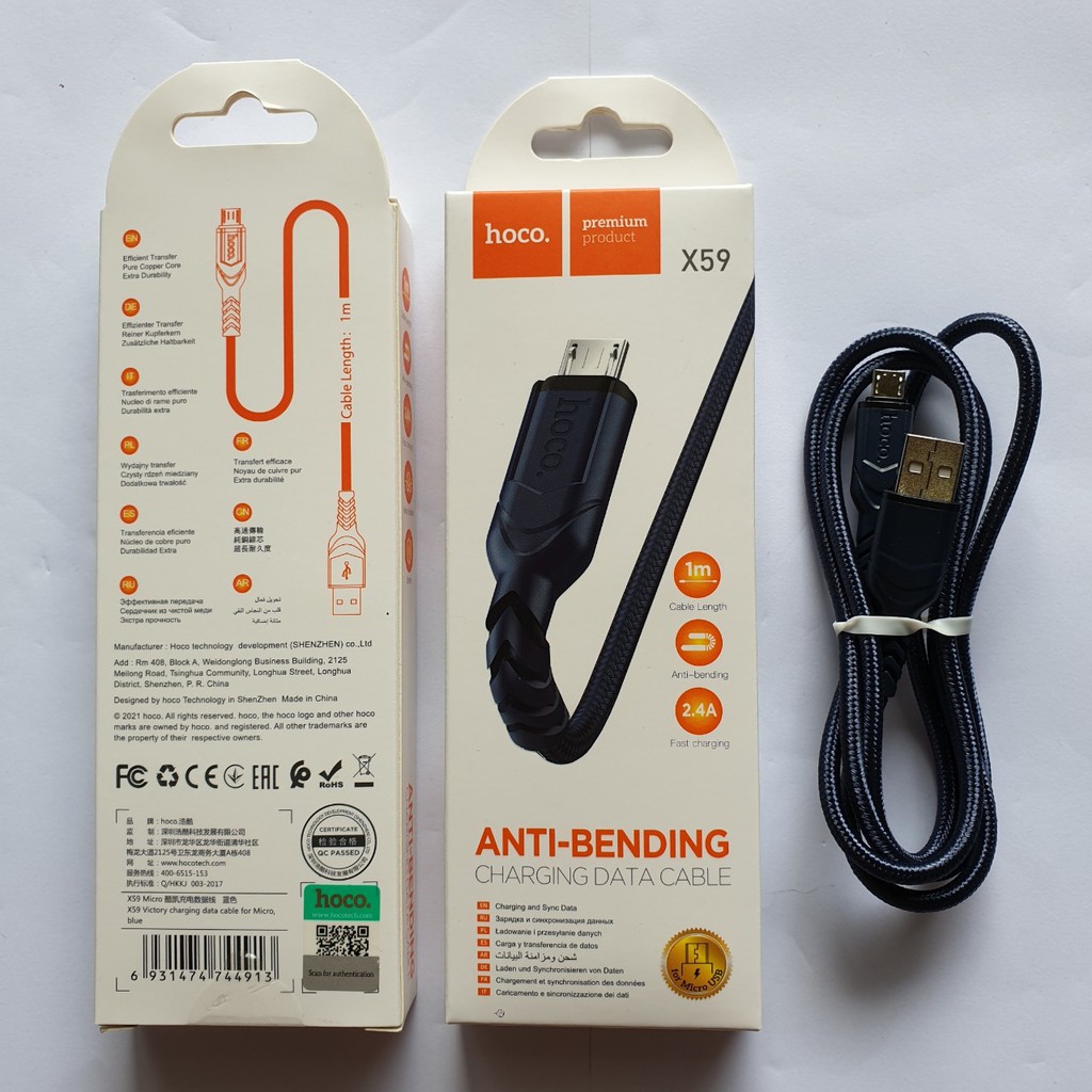 Dây sạch Hoco X59 Micro 1m, cáp sạc nhanh 2.4A Hoco X59 chân Micro dây Nylon siêu bền dài 1M cho Android