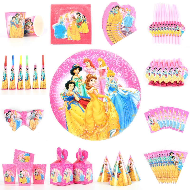 Set Cốc + Ống Hút + Đĩa + Nón Họa Tiết Công Chúa Disney Dùng Một Lần Trang Trí Tiệc Sinh Nhật
