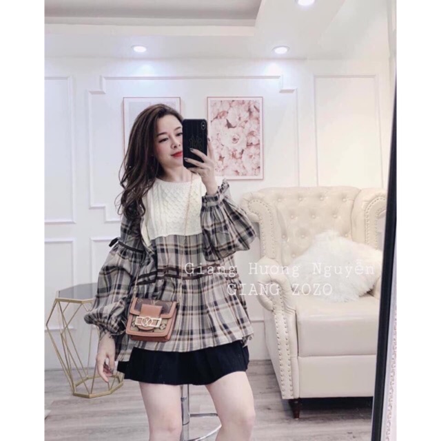 Áo len phối kẻ hàng đẹp Quảng Châu