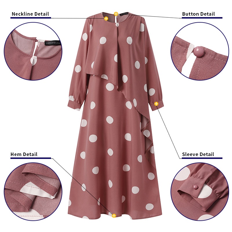 Zanzea Đầm Maxi Tay Dài In Họa Tiết Chấm Bi Dành Cho Phụ Nữ Hồi Giáo