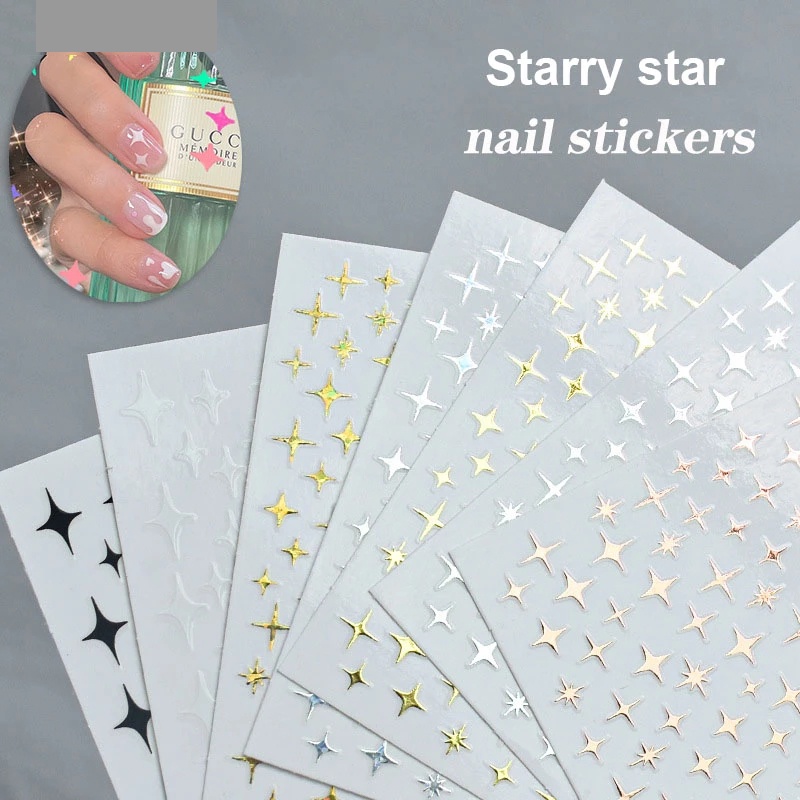 [Hàng mới về] Miếng dán móng tay hình ngôi sao 3D màu trắng/đen/vàng kim DIY