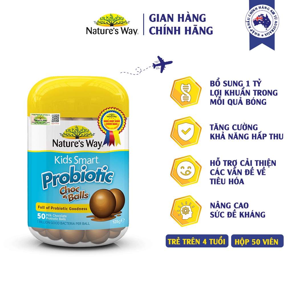 Kẹo Dẻo Cho Bé Nature's Way Kids Smart Probiotic Choc Balls Lợi Khuẩn Tốt Cho Hệ Tiêu Hoá 50 Viên