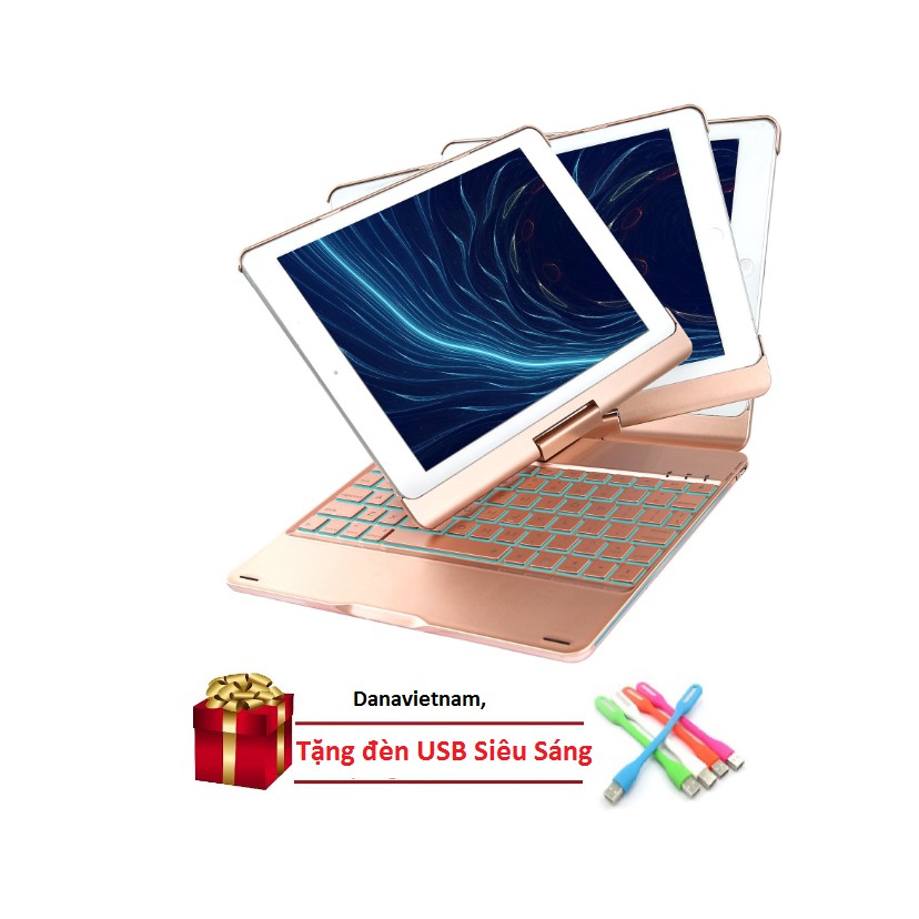 Bàn phím Bluetooth F180 xoay 360 độ cho iPad New 2017/iPad Pro 9.7/iPad Air/iPad Air 2 tặng đèn USB siêu sáng(Rose Gold)