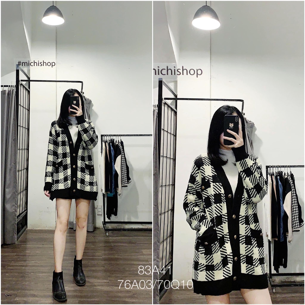 Áo cardigan len dáng oversize kẻ đen be - 83A41