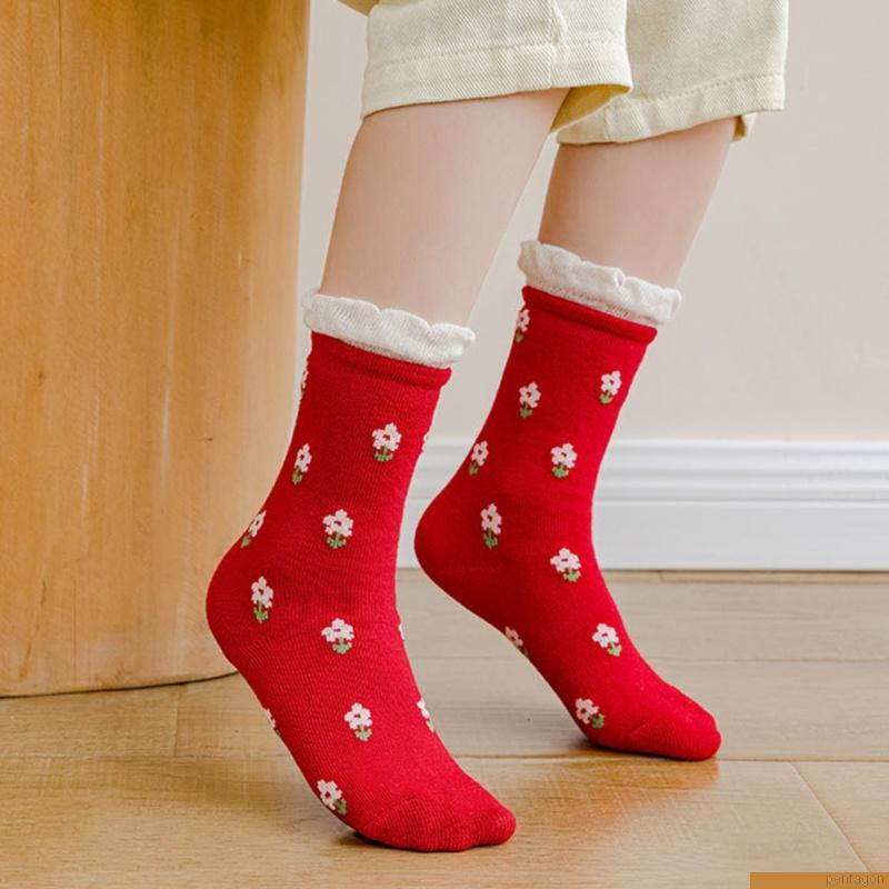 Set 5 đôi tất cotton mềm mại thoáng khí in họa tiết hoa và ca rô xinh xắn cho bé gái 1-12 tuổi