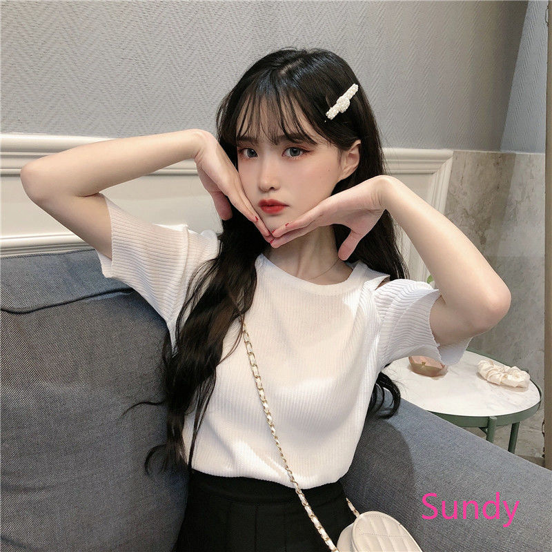 Áo len tay ngắn khoét vai cổ tròn thời trang quyến rũ cho nữ