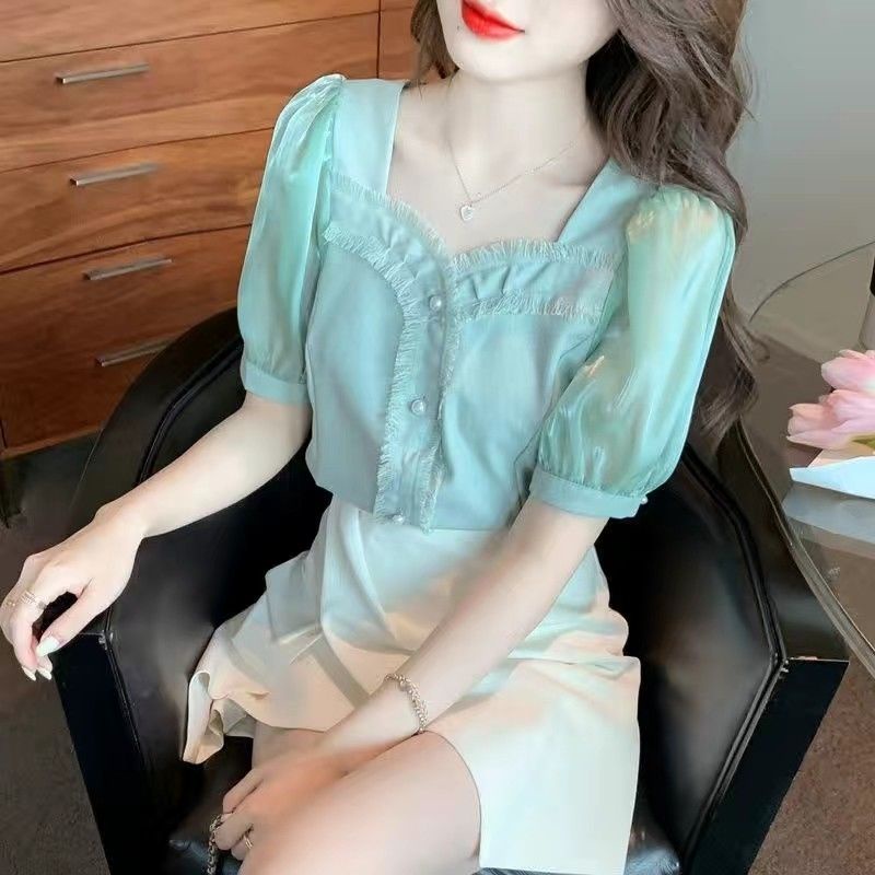 Áo Sơ Mi Chiffon Cổ Vuông Tay Ngắn Phồng Thời Trang Mùa Hè 2022 Hàng Có Sẵn