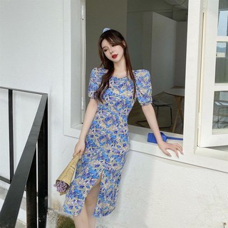Đầm hoa xanh xẻ tà| đầm dáng ôm quyến rũ | đầm sang chảnh