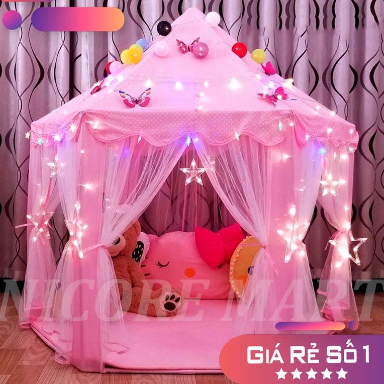 Lều Công chúa hoàng tử cho bé trai bé gái lục giác 6 cửa có rèm chống muỗi kèm bóng đèn nháy loại to hồng xanh NC21