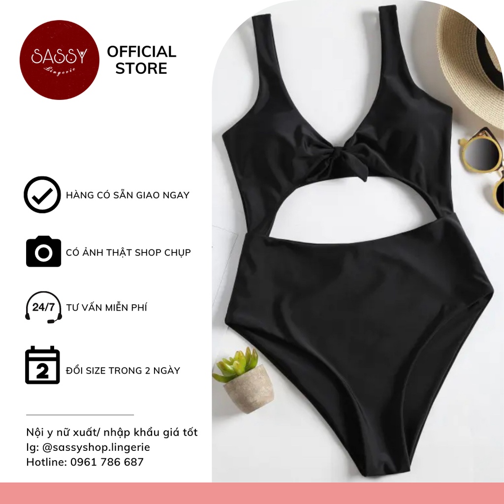 Bộ bơi nữ 1 mảnh liền thân đen khoét bụng hở lưng cột nơ ngực có mút sẵn gợi cảm mẫu mới đi biển ZAFUL