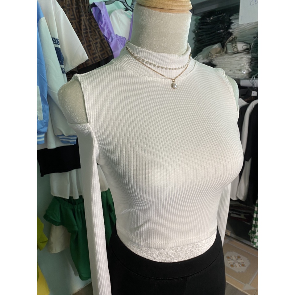 Áo croptop nữ hở vai tay dài 4 màu chất thun gân-ringu shop