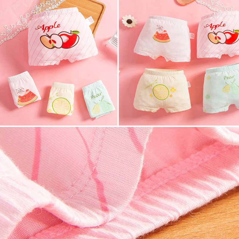 Bộ 4 Quần Lót Boxer Cotton In Họa Tiết Trái Cây Hoạt Hình Cho Bé Trai Gái
