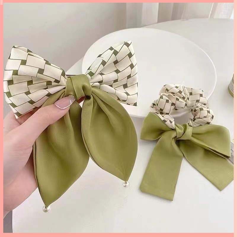 Dây Buộc Tóc Hình Nơ Đính Ngọc Trai Màu Matcha Phong Cách Pháp Thời Trang Xuân Hè