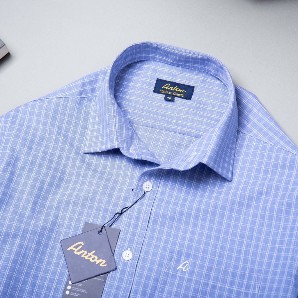Áo Sơ Mi Nam Công Sở Trung Niên Thương Hiệu Anton Dài Tay Vải Cotton Kẻ Caro Xanh – AC159 | BigBuy360 - bigbuy360.vn