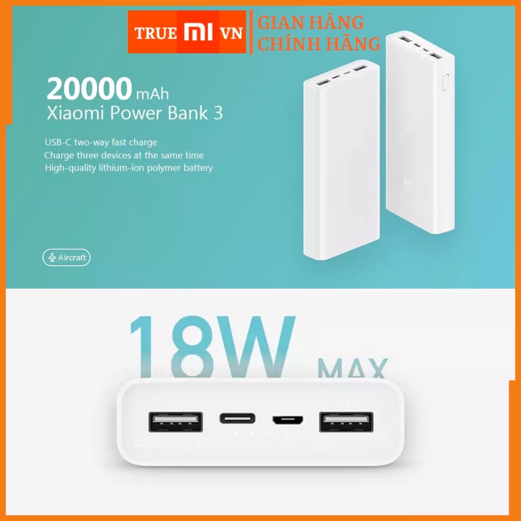 [Mã 153ELSALE2 giảm 7% đơn 300K] Pin sạc dự phòng Xiaomi 20000mah gen 3 PLM18ZM QC 3.0 và PD 18W (Trắng)