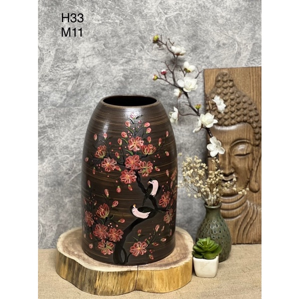 Bình hoa gốm dáng chuông men mộc vẽ tay- Gốm sứ Bát Tràng.