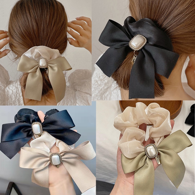 Dây Buộc Tóc Thắt Nơ Bằng Vải Organza Đính Ngọc Trai Cỡ Lớn Phong Cách Mới