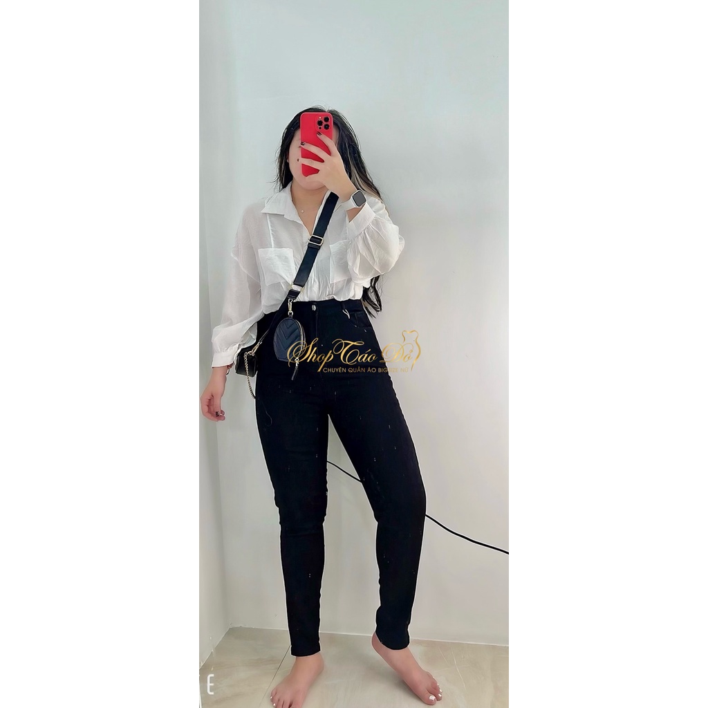 (TÁO ĐỎ BIGSIZE 55-90KG) Quần jean nữ lưng siêu cao siêu co giãn đen tuyền J10 (ảnh thật shop chụp 100%)